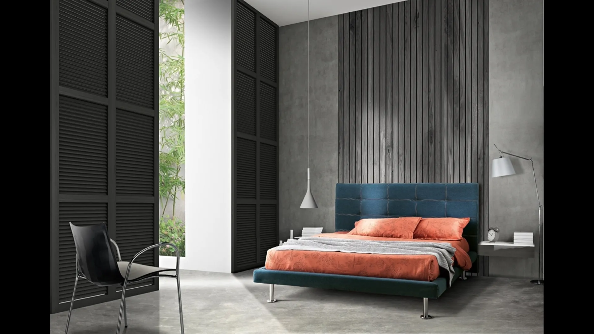 Letto matrimoniale in velluto blu con testiera dalla doppia cucitura in rilievo Bellini di Artigianaletti