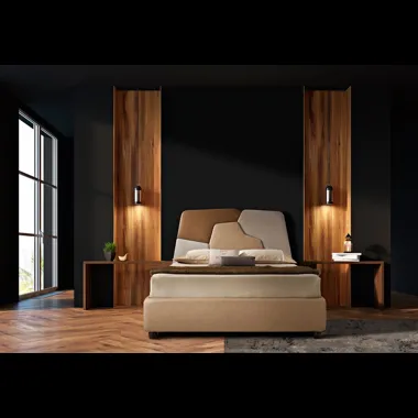 Letto in tessuto dai colori caldi con testiera Cusco di Artigianaletti