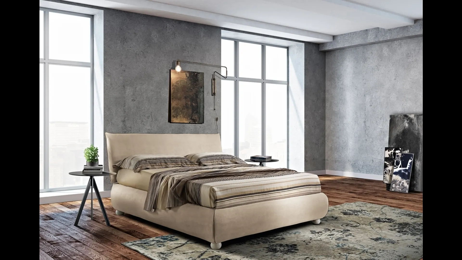 Letto in tessuto beige con giroletto bombato Felix di Artigianaletti