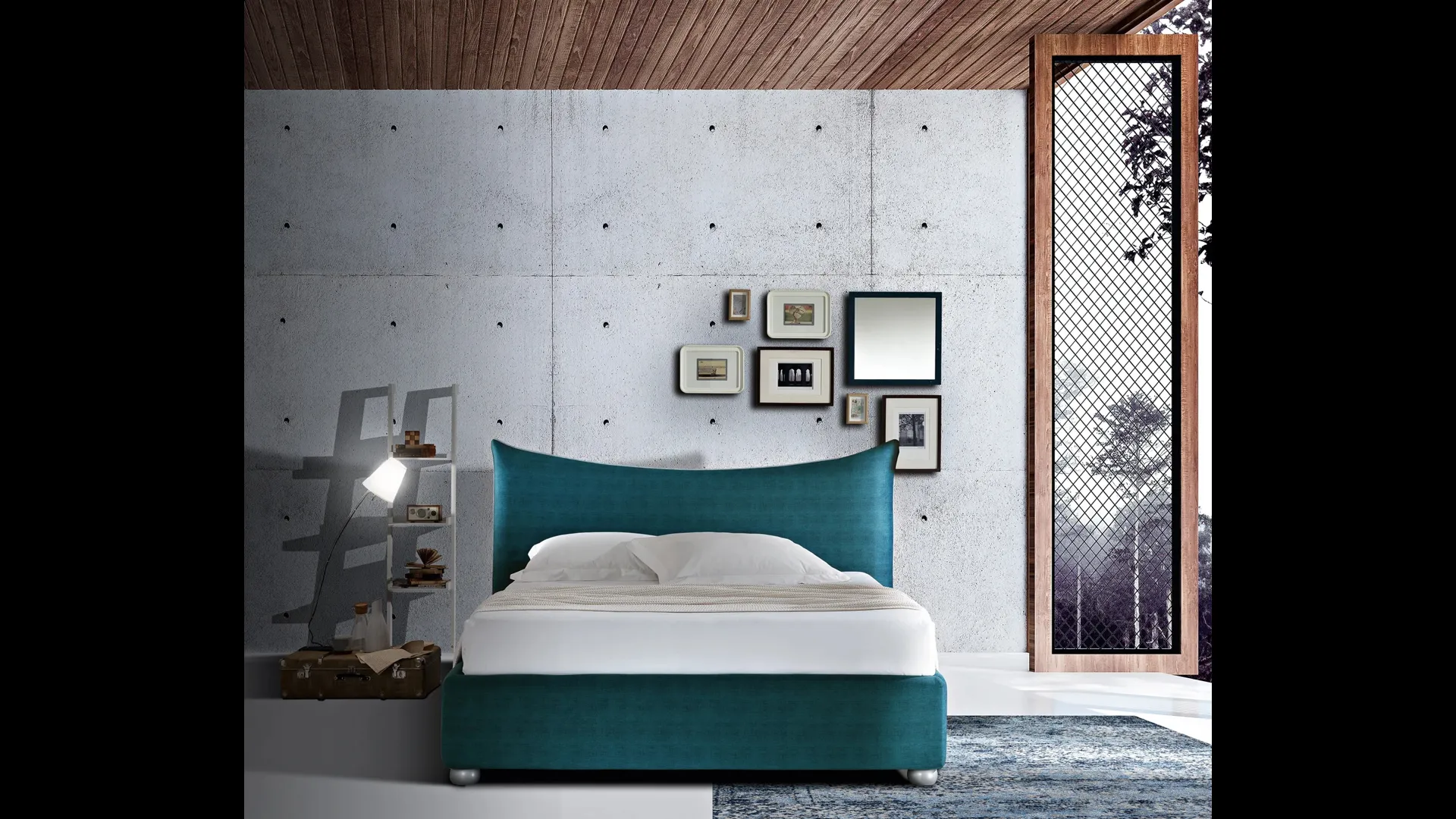 Letto in tessuto color petrolio con testiera sagomata morbida e avvolgente Pavese di Artigianaletti