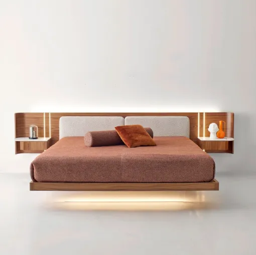 Letto Book Fluttuante in legno con testiera in tessuto imbottito di Modesign