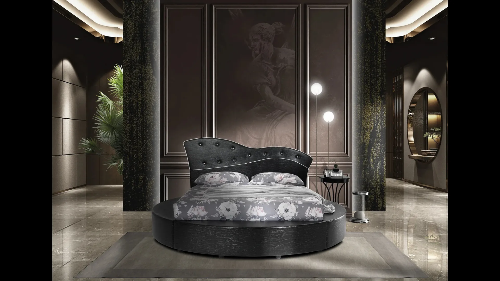 Letto rotondo in ecopelle scura e bottoni chiari Tondo Fly di Artigianaletti