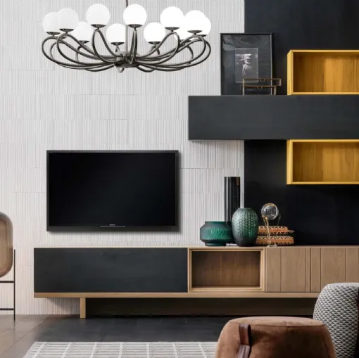 Parete Attrezzata in noce canaletto finitura antracite e giallo Composizione 84 di Modesign