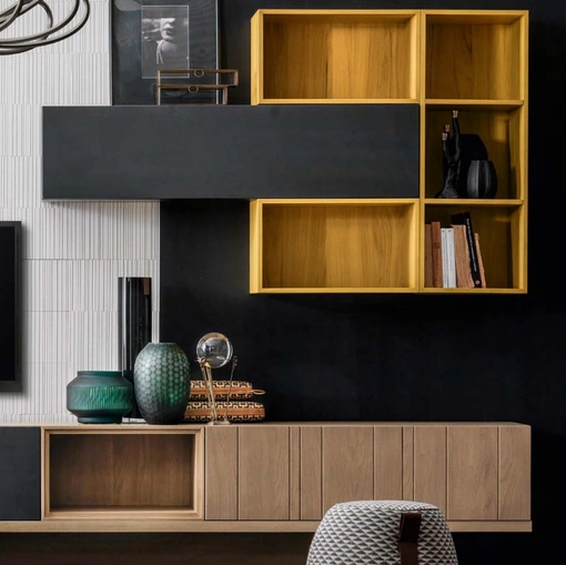 Parete Attrezzata in noce canaletto finitura antracite e giallo Domino Componibile 84 di Modesign
