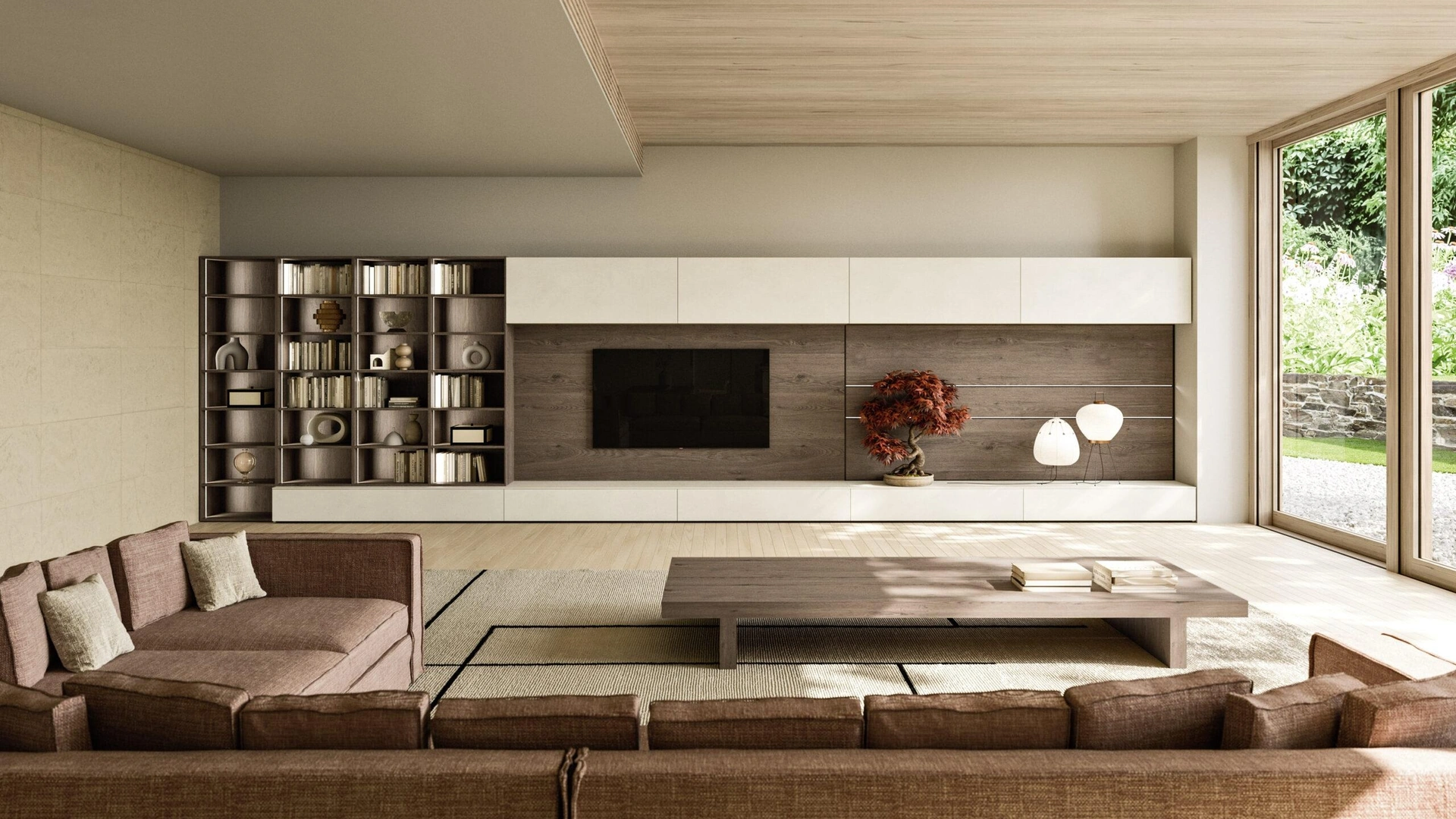 Parete Attrezzata Modula Composizione 02 in ceramica bianco calce e impiallacciato rovere di Snaidero