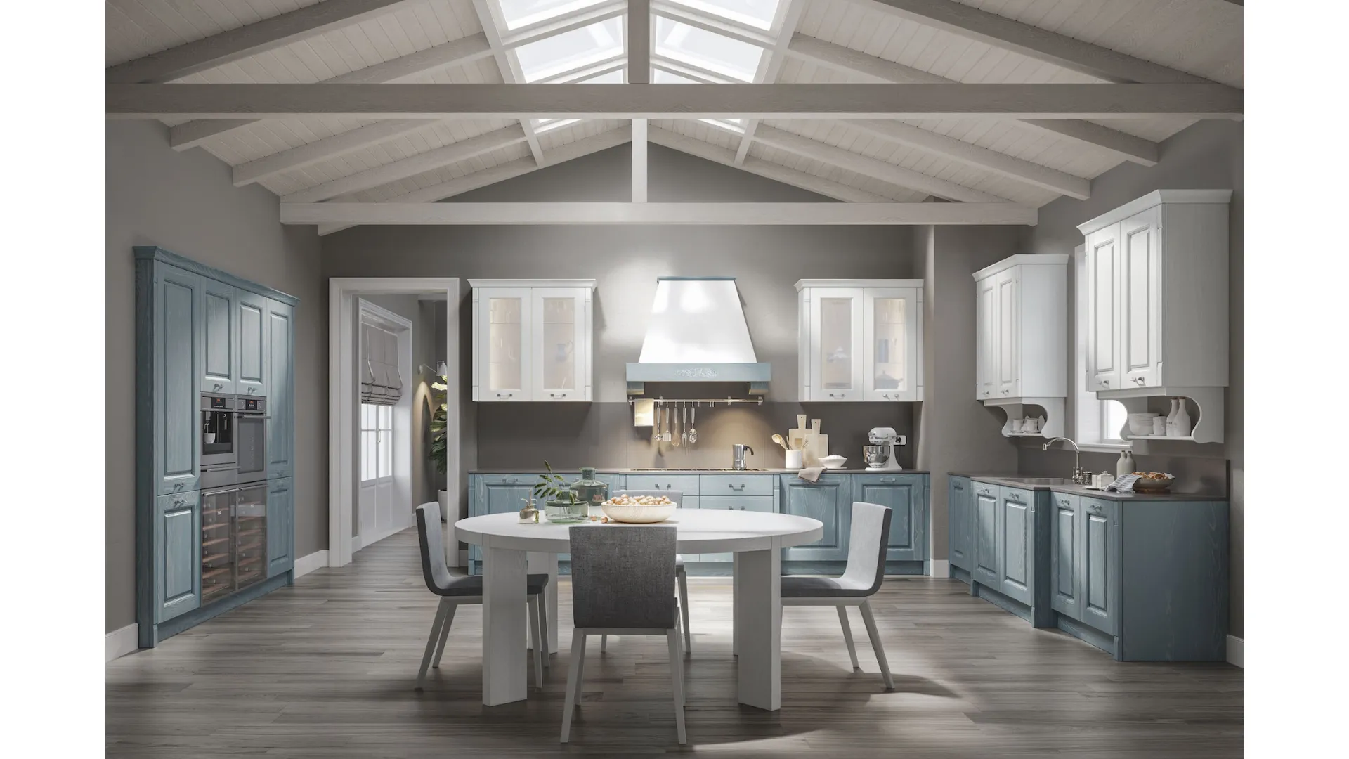 Cucina Classica angolare in Frassino finitura Jeans Decapé e Luce con ante in Vetro Contea 05 di Home Cucine