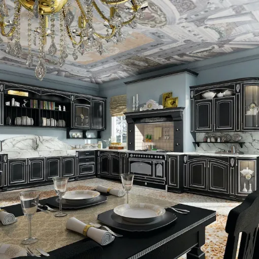Cucina Classica angolare Gold Elite 05 in impiallacciato Frassino laccato Nero Argento con top in marmo di Home Cucine
