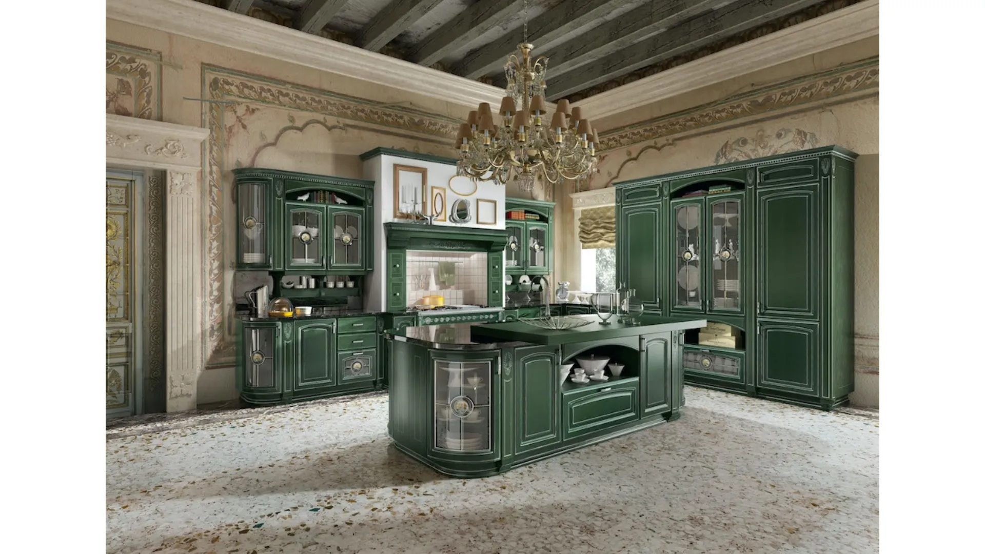 Cucina Classica con isola Gold Elite 06 in impiallacciato Frassino laccato Verde Argento e vetro di Home Cucine