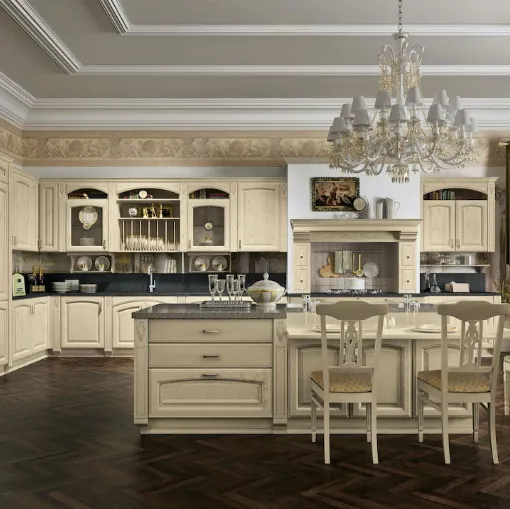 Cucina Classica angolare con isola Gold Elite 09 in impiallacciato Frassino finitura Styledecapè e vetro di Home Cucine