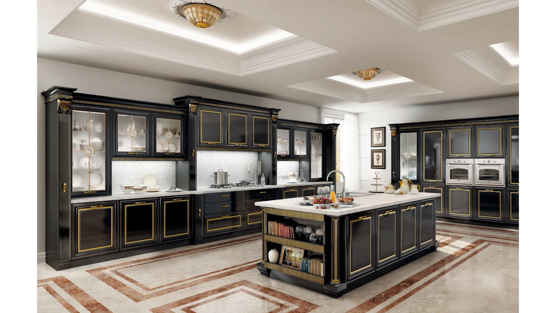Cucina Classica con isola in laccato Nero Lucido con finiture oro e top in marmo Imperiale di Le Cucine dei Mastri