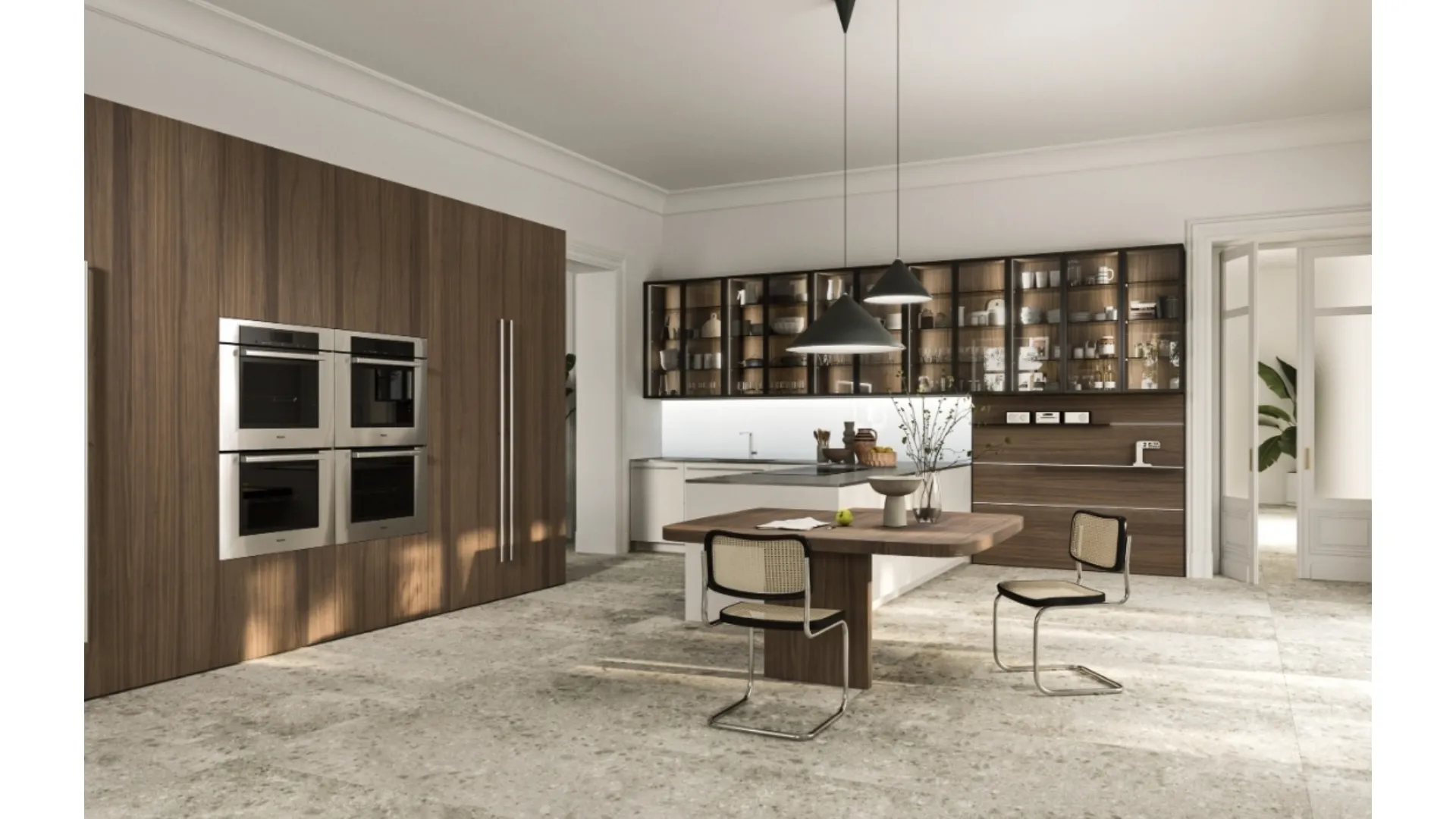 Cucina Design con penisola Opera 01 in legno e laccato di Snaidero