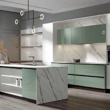 Cucina Moderna Era con penisola in PVC laccato lucido Salvia e Candido Home Cucine