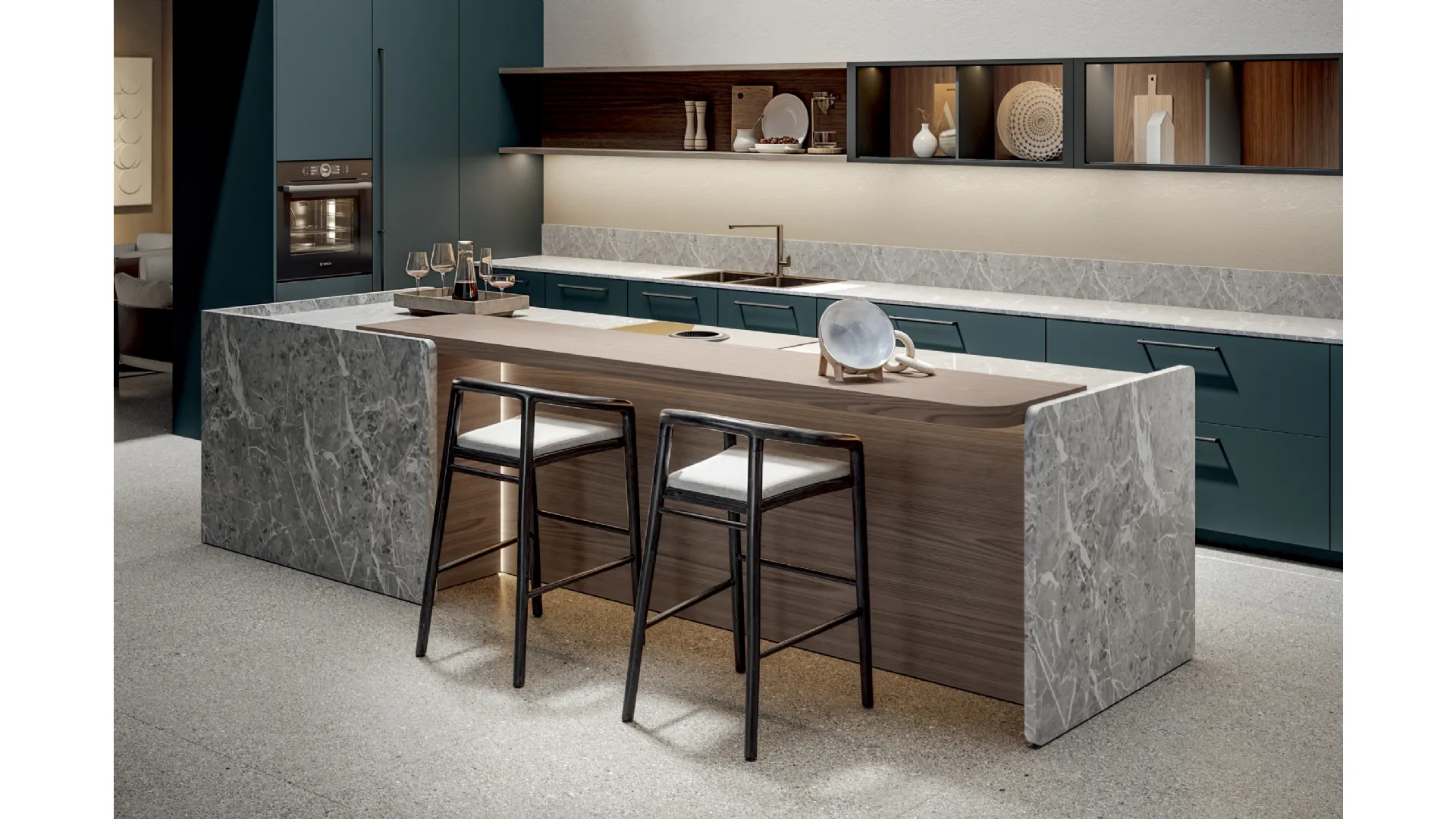 Cucina Moderna Infinity in laccato Mare con isola di Home Cucine