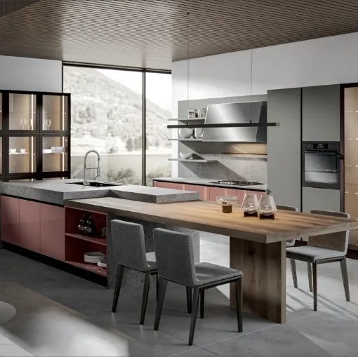 Cucina Moderna Klee in laccato Rosa con isola di Home Cucine
