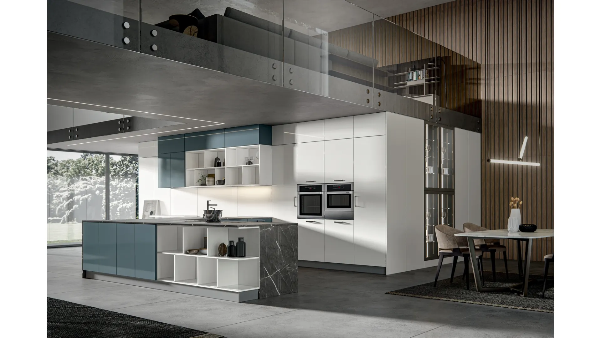 Cucina Moderna Klee con penisola Navy e Seta di Home Cucine