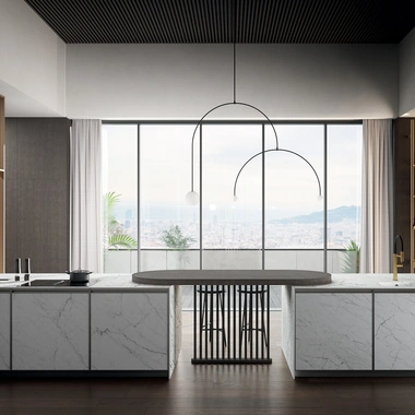 Cucina Moderna in laminam statuarietto con penisola Kronos di Arredo3