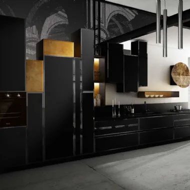 Cucina Moderna lineare in vetro molato Nero opaco con particolari in finitura oro Murano di Le Cucine dei Mastri