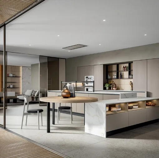 Cucina Moderna Mela con isola in melaminico con top Pandora Calacatta di Home Cucine