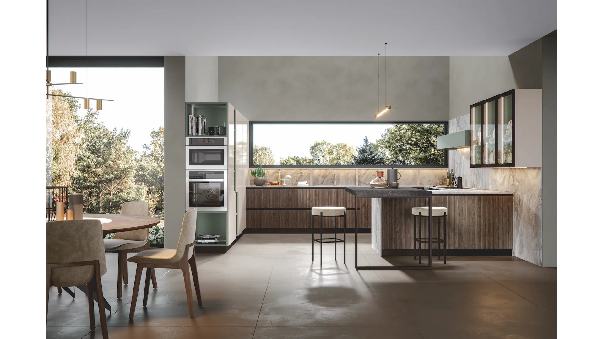 Cucina Moderna Palù 05 in PVC cannettato finitura Visone con colonne in laccato lucido di Home Cucine