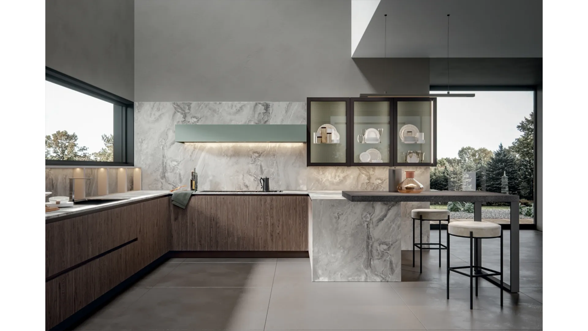 Cucina Moderna Palù con penisola in PVC cannettato di Home Cucine